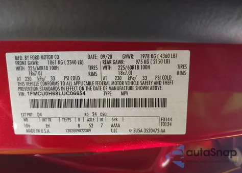 2020 Ford Escape Sel из США, поврежденный, VIN 1FMCU0H68LUC06654